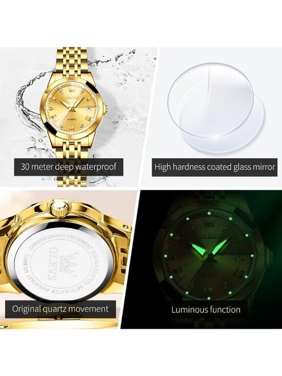Women\'s All Gold Analog Diamond Stainless Steel Waterproof Elegant Luxury Watch
